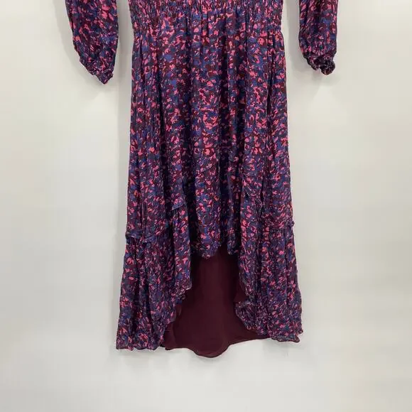 Parker Elizabeth Floral Long Sleeve Midi Dress Silk Blend Blouson Faux Wrap L - Picture 4 of 10